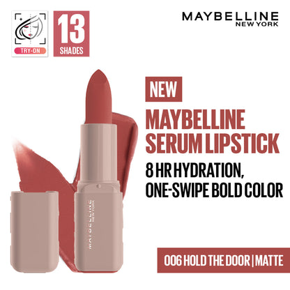 Maybelline Serum Matte Lipstick - 8Hr hydration, One-Swipe Bold Color - 006 Hold The Door