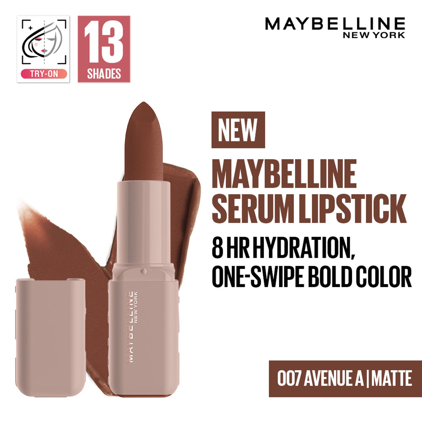 Maybelline Serum Matte Lipstick - 8Hr hydration, One-Swipe Bold Color - 007 Avenue A