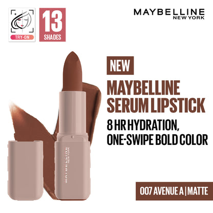 Maybelline Serum Matte Lipstick - 8Hr hydration, One-Swipe Bold Color - 007 Avenue A