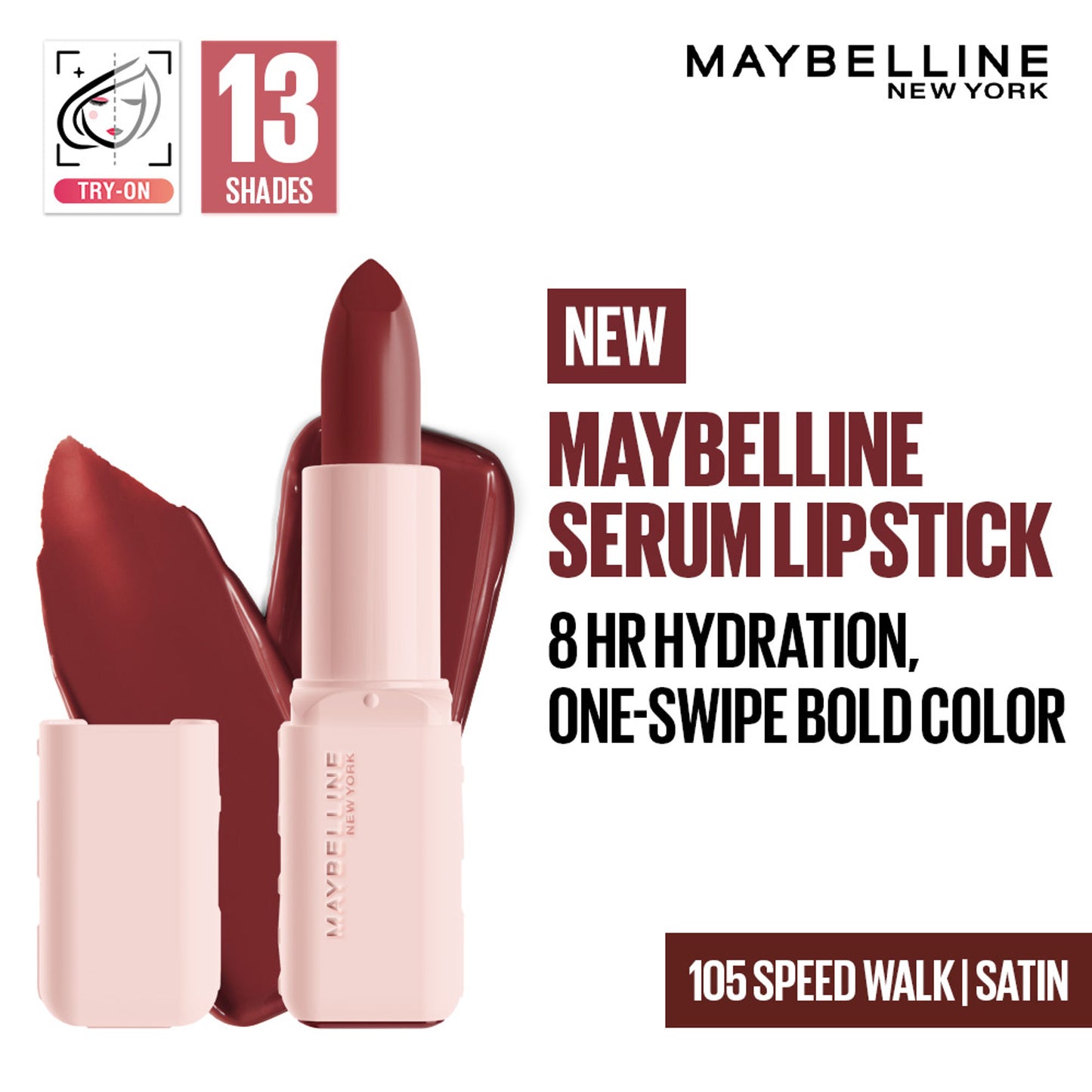 Maybelline Serum Matte Lipstick - 8Hr hydration, One-Swipe Bold Color - 105 Speed Walk