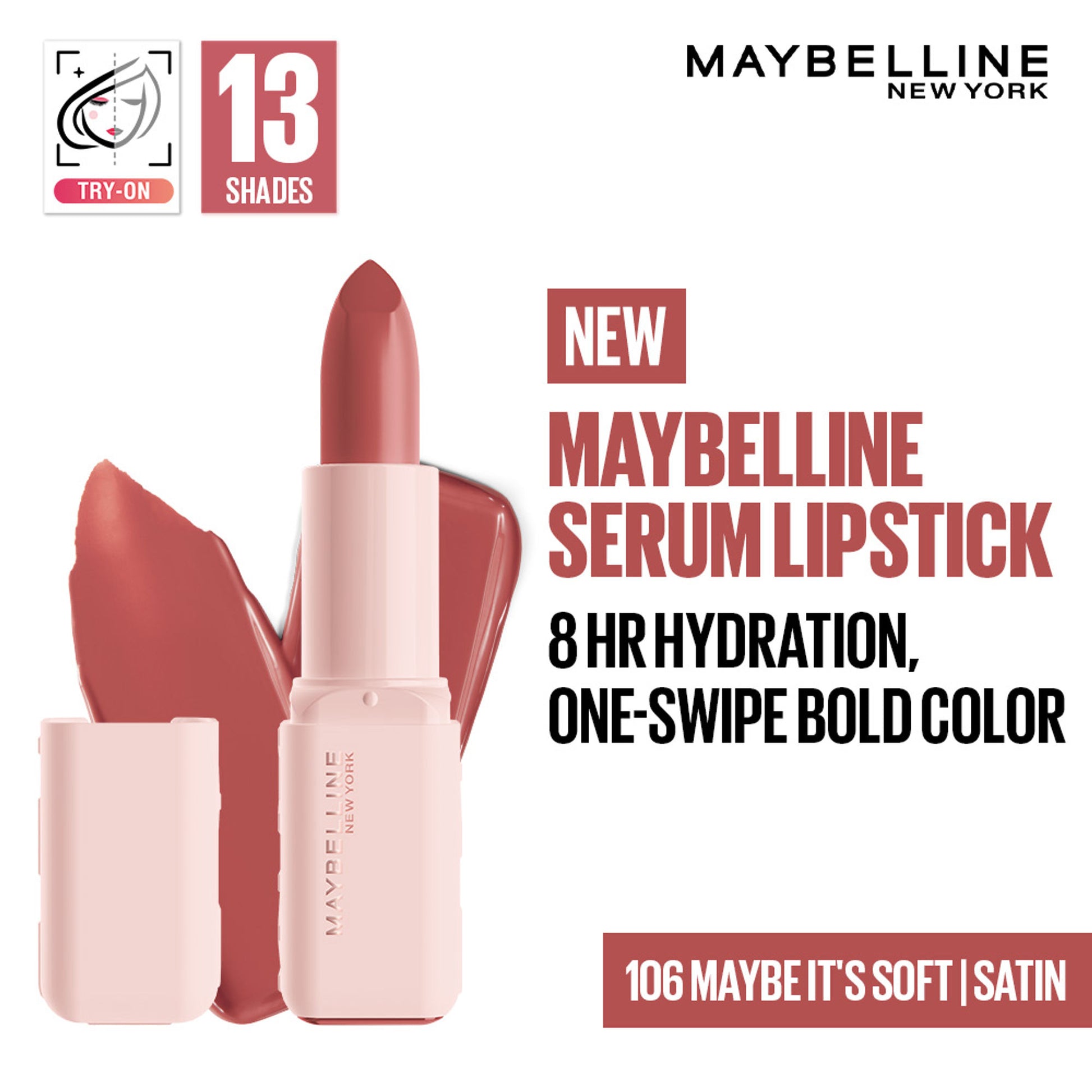 Maybelline Serum Matte Lipstick - 8Hr hydration, One-Swipe Bold Color - 106 Maybe It's Soft
