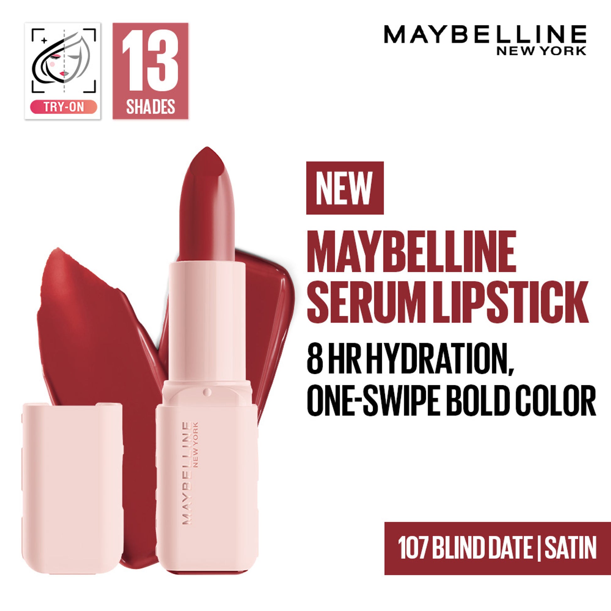 Maybelline Serum Matte Lipstick - 8Hr hydration, One-Swipe Bold Color - 107 Blind Date