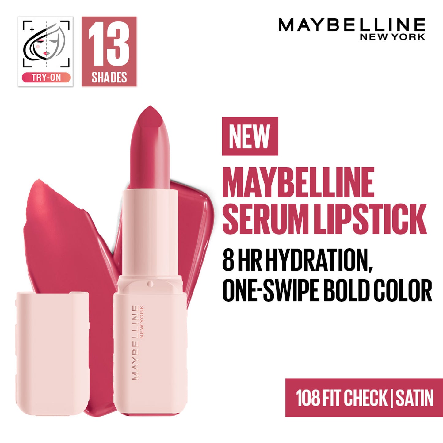 Maybelline Serum Matte Lipstick - 8Hr hydration, One-Swipe Bold Color - 108 Fit Check