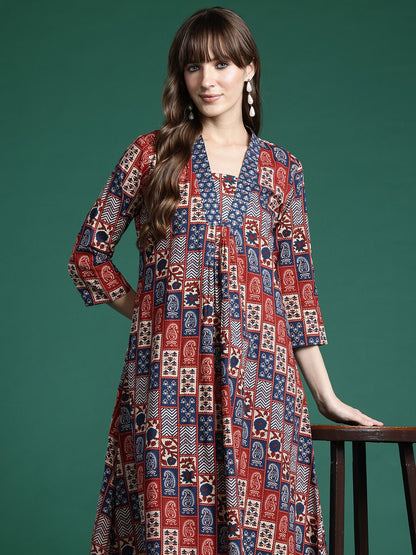 Indyancart IE Ethnic Motifs Printed Pleated Sequinned Pure Cotton Kurta with Palazzos