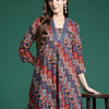 Indyancart IE Ethnic Motifs Printed Pleated Sequinned Pure Cotton Kurta with Palazzos