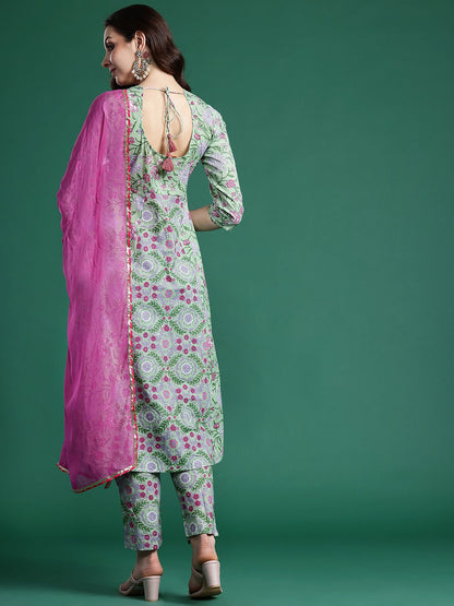 Indyancart IE Floral Printed Regular Pure Cotton Kurta with Trousers & Dupatta