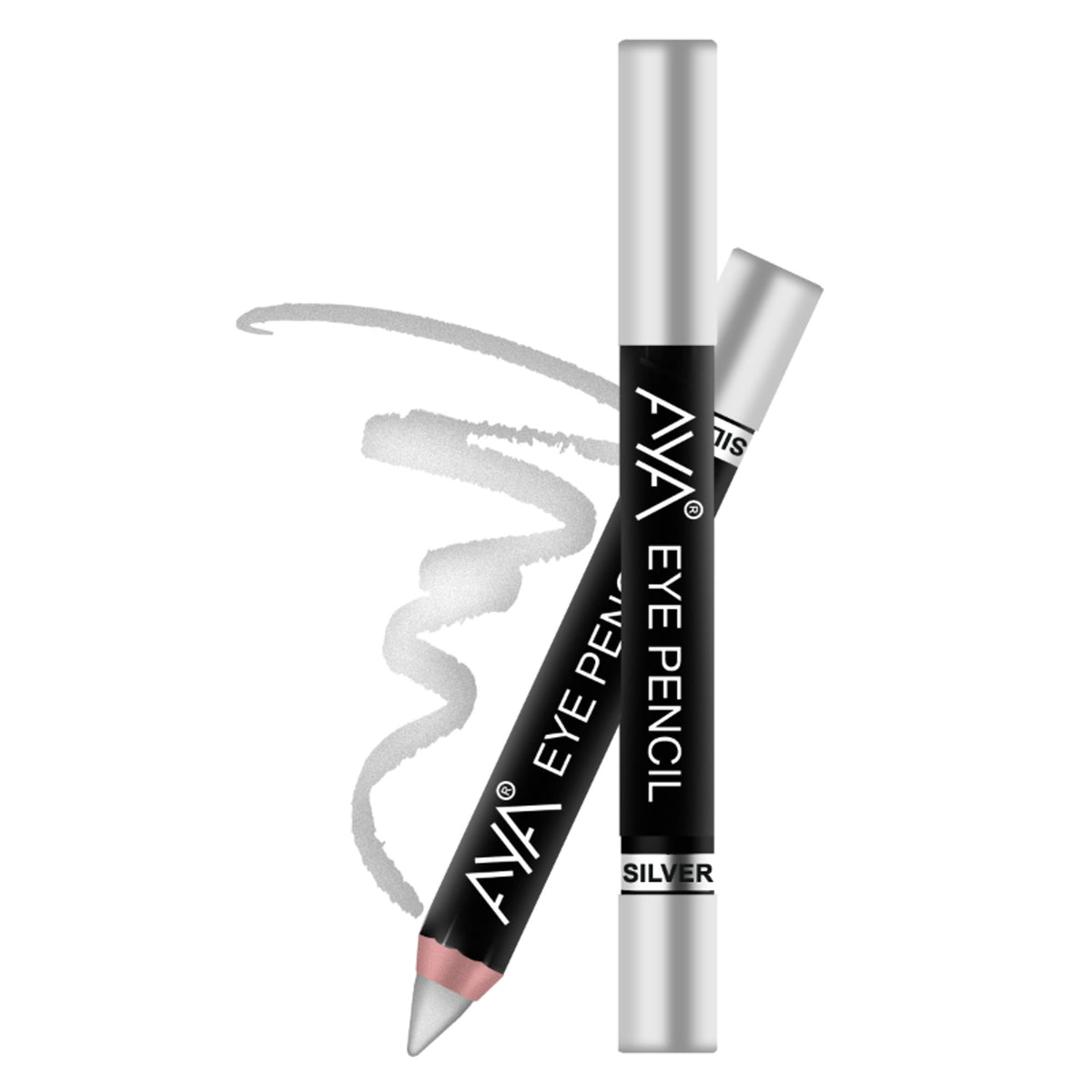 Silver AYA Eye Pencil for Kajal and Eyeliner, with the pencil shown next to a sharpened tip and open cap.
