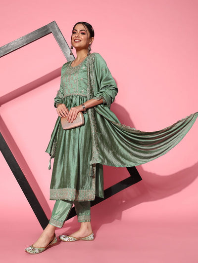 Indyancart SN Women's Floral Embroidered Regular Sequinned Kurta With Trousers & With Dupatta