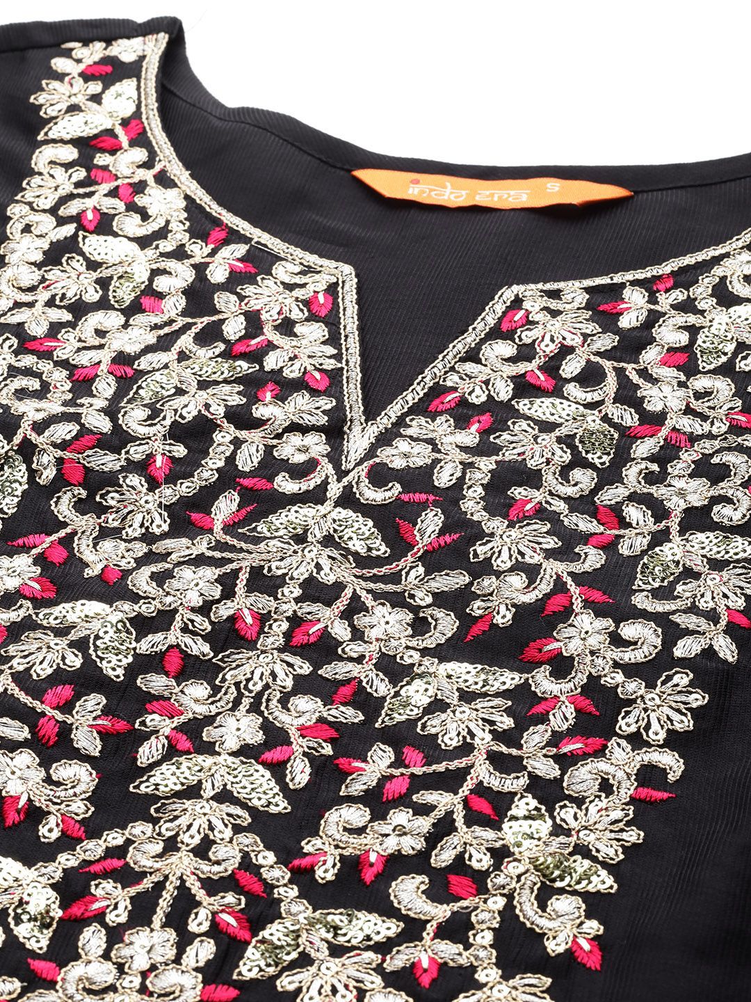 Indyancart IE Floral Embroidered Regular Sequinned Liva Kurta with Trousers & Dupatta