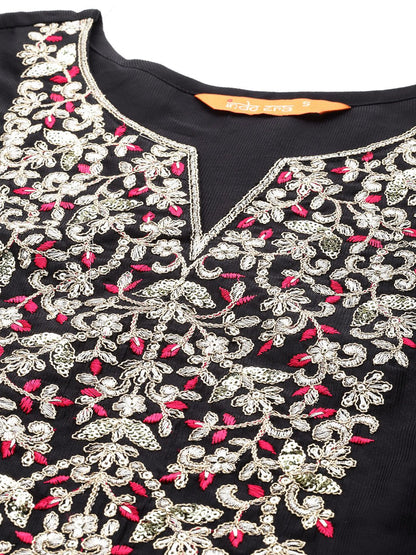 Indyancart IE Floral Embroidered Regular Sequinned Liva Kurta with Trousers & Dupatta