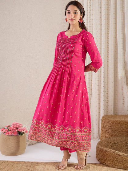 Indyancart IE Women Ethnic Motifs Printed Cotton Kurta with Trousers