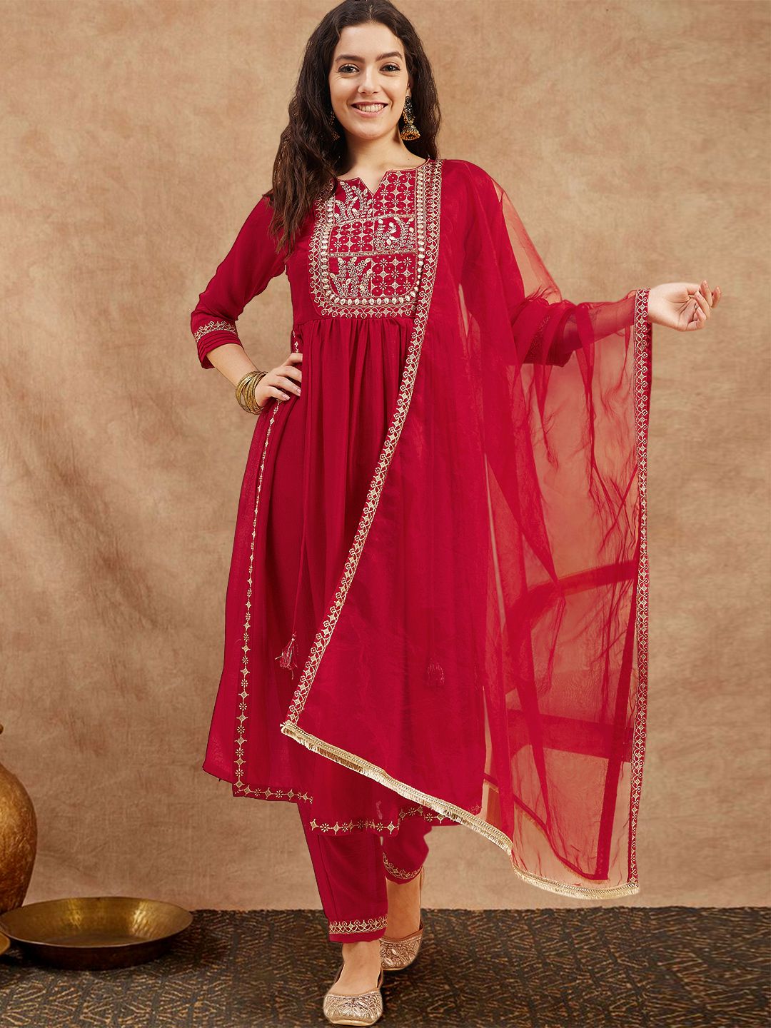 Indyancart SN Women's Yoke Design Embroidered Kurta Sets With Dupatta