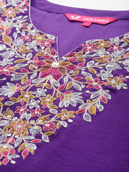 Indyancart VA Women Floral Yoke Design Sequinned Chanderi Silk Kurta with Palazzos & Dupatta