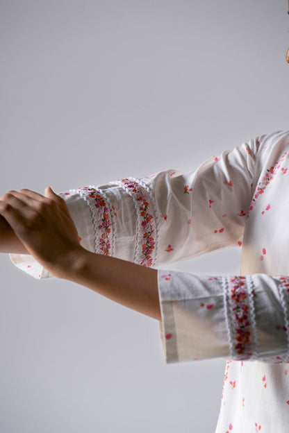 Women's White Bougainvillea Cotton Printed Salwar Suit With Embroidery and Lace Detailing on Sleeves
