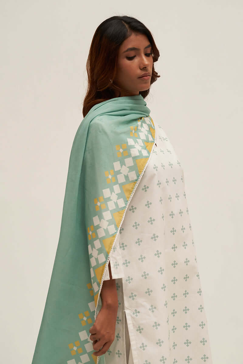 Women's White and Aquifer Printed Cotton Salwar Suit