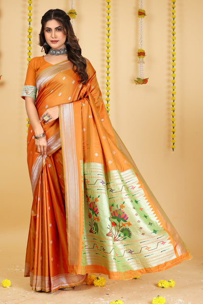 Indyancart GR Women's Mastani Kesar Orange Zari Paithani Silk Saree