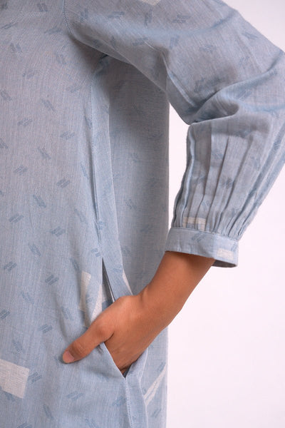 Women's Powder Blue Woven Kurta With Printed Cotton Bottom
