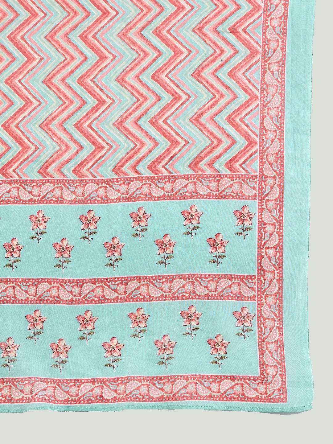 Indyancart IE Blue Floral Printed Notch Neck Pure Cotton Straight Kurta with Trousers & Dupatta
