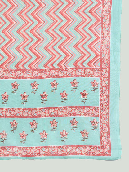Indyancart IE Blue Floral Printed Notch Neck Pure Cotton Straight Kurta with Trousers & Dupatta