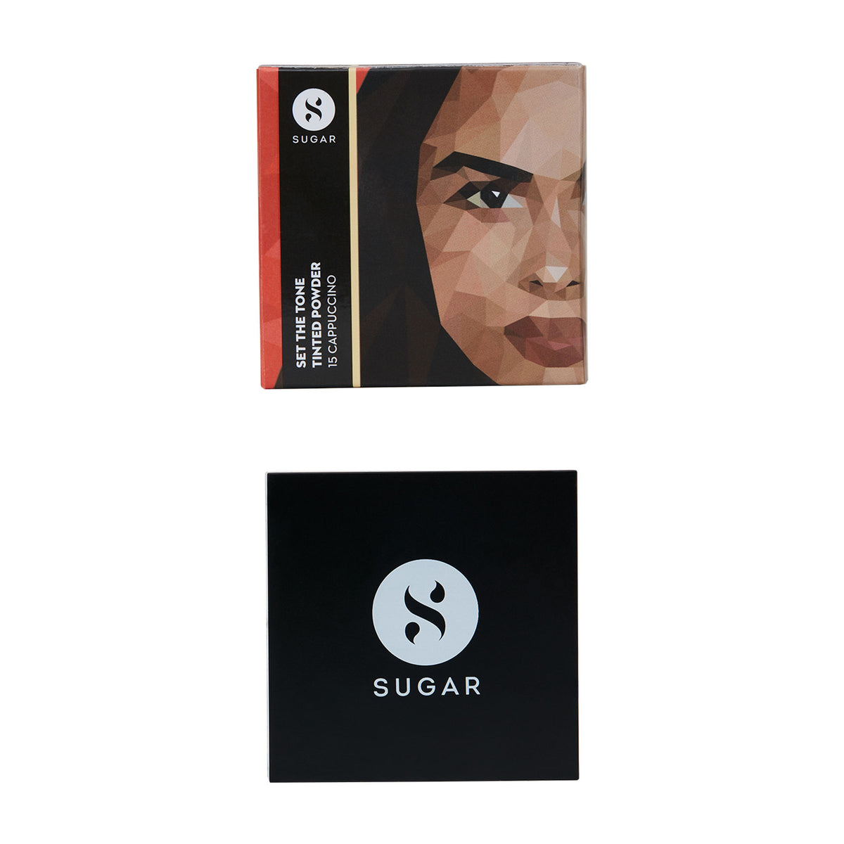 SUGAR Set The Tone Tinted Powder in 15 Cappuccino, light-medium shade, showing the compact with powder and applicator.