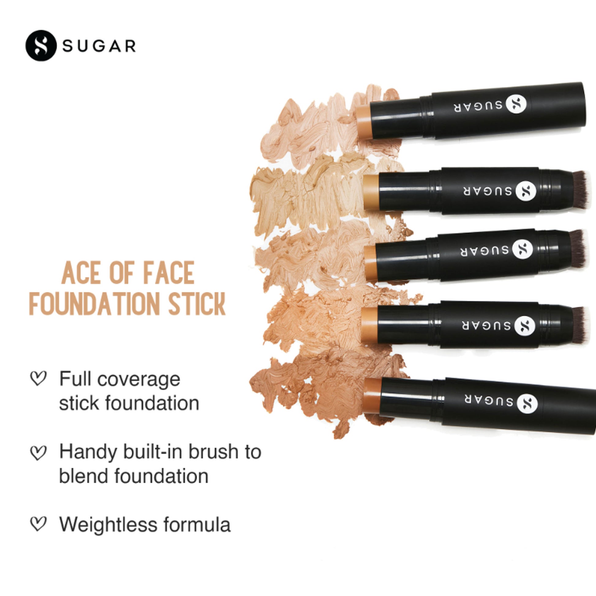 SUGAR Ace Of Face Foundation Stick, In-Built Brush, Full Coverage 24Hr - 10 Latte