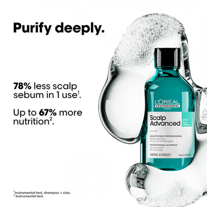 L’Oréal Professionnel Scalp Advanced Anti-Oiliness Shampoo for Oily Scalp, Less scalp sebum, 3% AHA