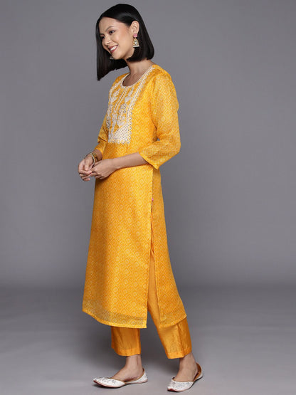 Indyancart VA Women'sBandhani Printed Regular Sequinned Kurta with Trousers & Dupatta