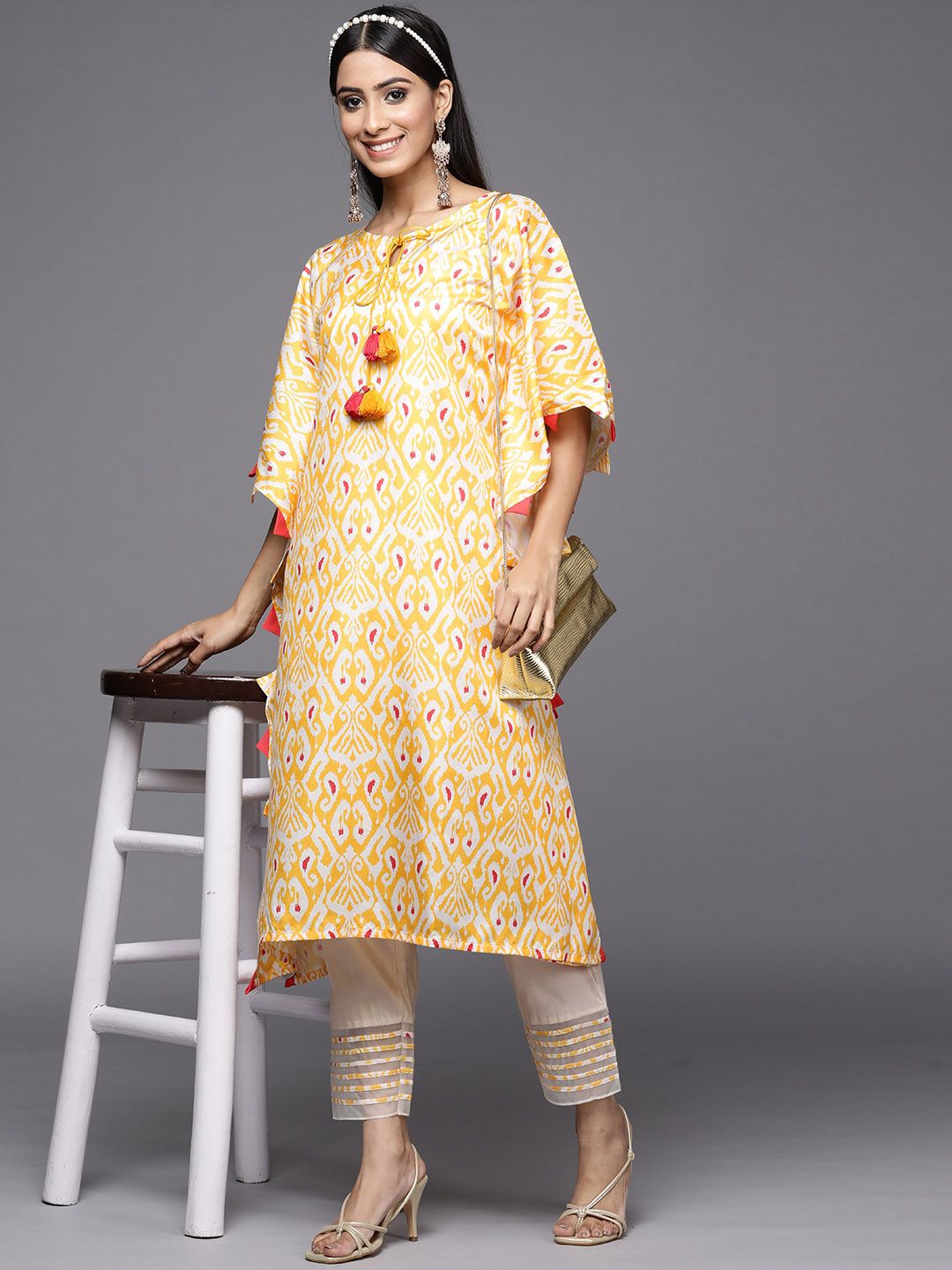 Dhiyona IE Women Yellow Ethnic Motifs Printed Kaftan Kurta with Trousers