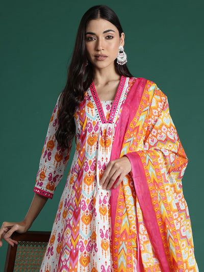 Dhiyona IE Ethnic Motifs Printed Mirror Work Pure Cotton Kurta with Trousers & With Dupatta