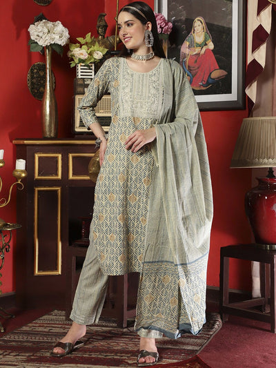 Indyancart SN Women's Ethnic Motifs Printed Thread Work Pure Cotton Kurta & Trouser With Dupatta