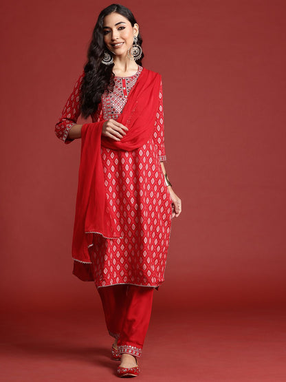 Indyancart IE Printed Mirror Work Kurta With Trousers & Dupatta