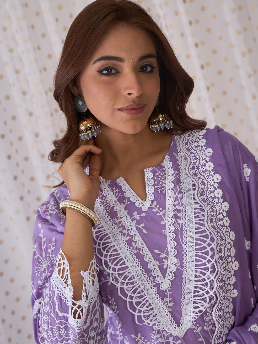 Floral Embroidered Pure Cotton Straight Kurta With Trousers & Dupatta