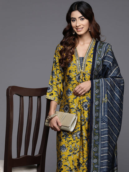 Indyancart VA Women'sFloral Printed V-Neck Sequinned Chanderi Silk Kurta With Trousers & Dupatta