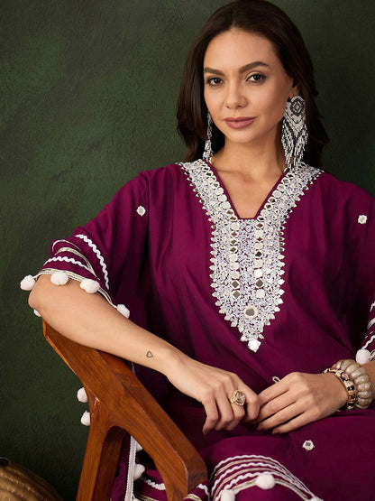 Indyancart SN Women's Purple Geometric Embroidered Mirror Work Roman Silk Kurta With Trouser