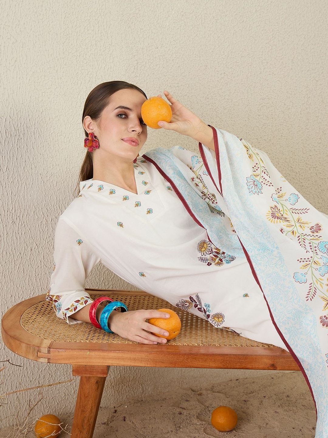 Floral Embroidered Thread Work Pure Cotton Kurta With Trouser & Dupatta