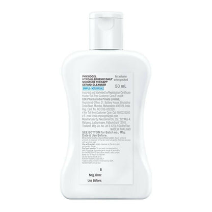Physiogel Daily Moisture Therapy Dermo Cleanser bottle with label, gentle cleanser for sensitive skin, in a clear plastic bottle.