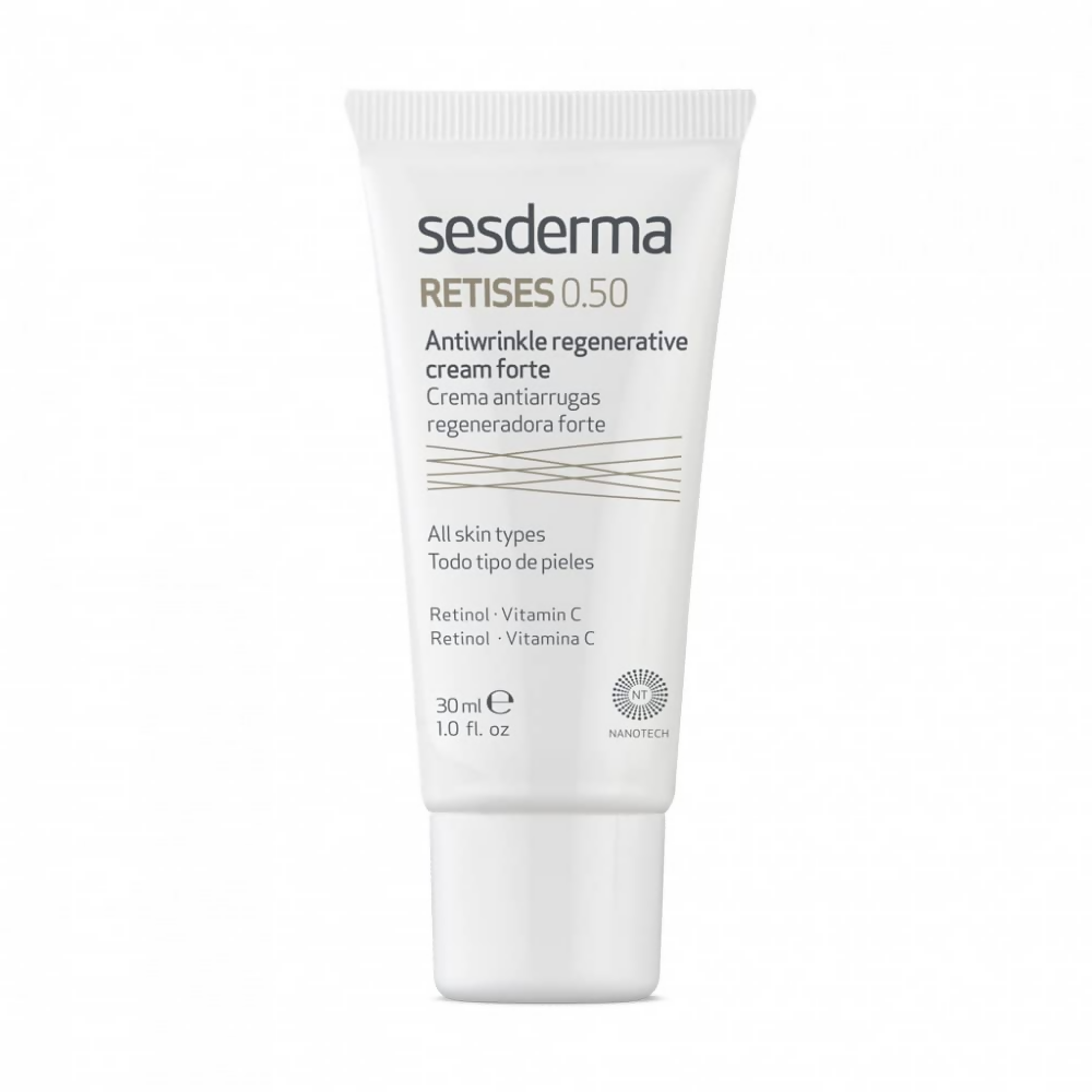Sesderma Retises 0.50 anti-wrinkle regenerating cream jar with white and gold packaging, showing smooth texture on a white background.