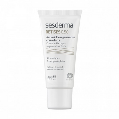Sesderma Retises 0.50 anti-wrinkle regenerating cream jar with white and gold packaging, showing smooth texture on a white background.