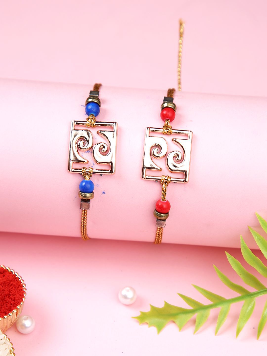 Anouk Red Set Of 2 Beaded Square Charm Thread Rakhis With Roli Chawal & Greeting Card