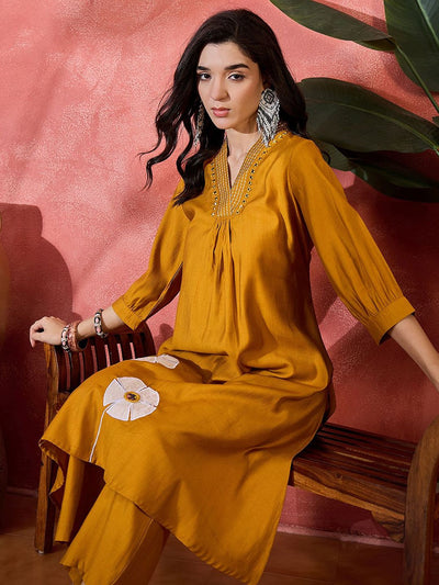 Indyancart SN Women's Floral Embroidered V-Neck Mirror Work A-Line Kurta With Palazzo