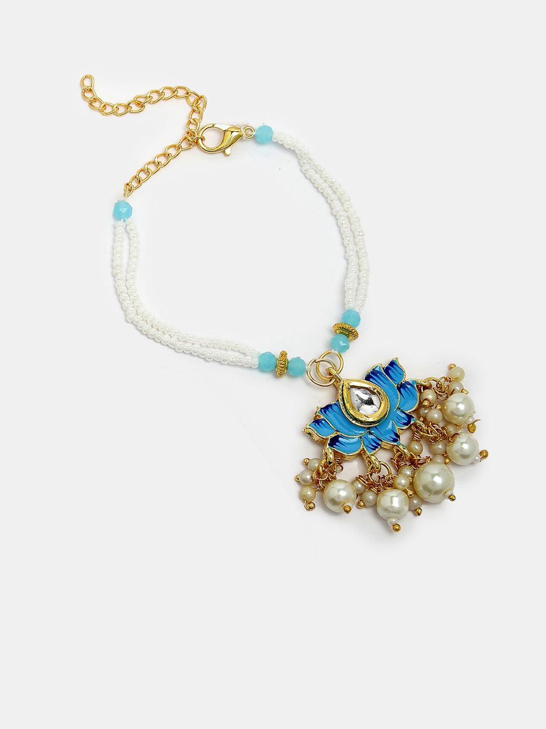 Anouk Unisex Set Of 2 Blue Lotus Shape Kundan-Studded & Beaded Wraparound Rakhi Set