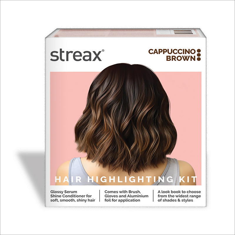 Streax Professional Cappuccino Brown hair color highlighting kit with hair color tubes and applicator tools.