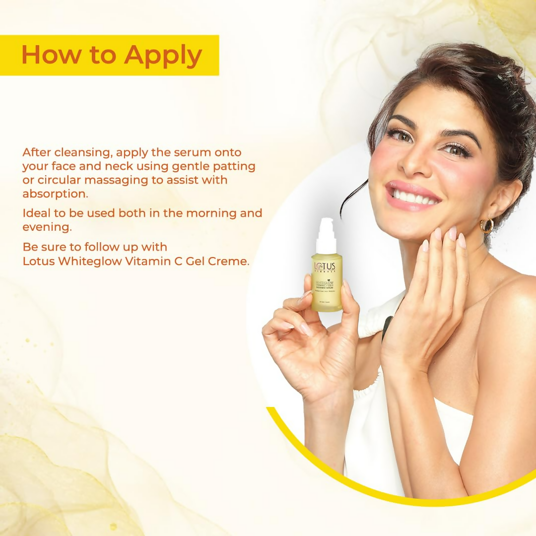 Lotus Herbals WhiteGlow Vitamin C and Gold Radiance face serum in a glass bottle with a pump dispenser, featuring a gold-colored cap.