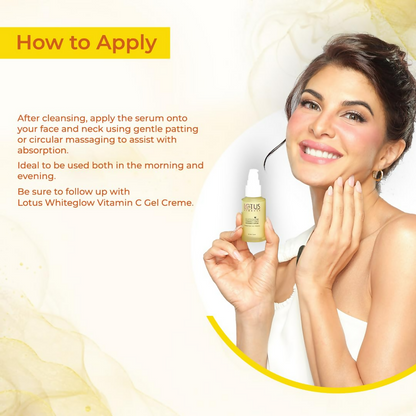 Lotus Herbals WhiteGlow Vitamin C and Gold Radiance face serum in a glass bottle with a pump dispenser, featuring a gold-colored cap.
