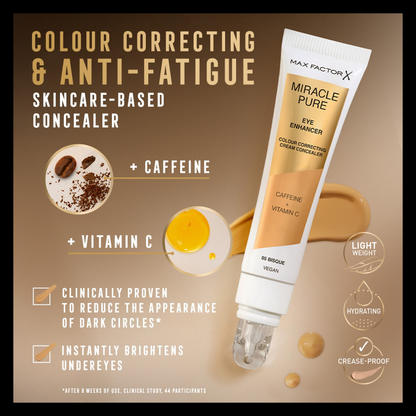 Max Factor Miracle Pure Eye Enhancer Peach under eye cream with smooth texture and peach tint for brightening and revitalizing the under-eye area.