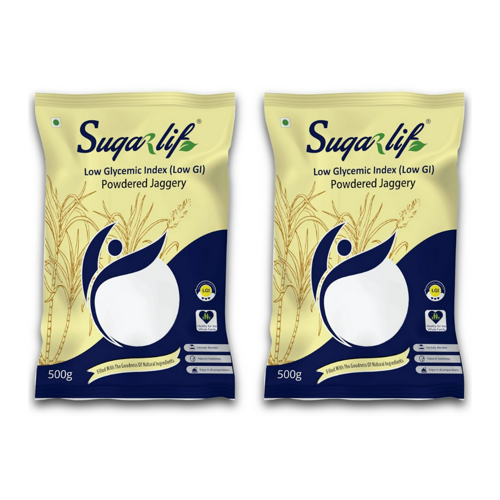 Sugarlif Low GI Jaggery Powder in a clear bowl, showing dark brown, granular jaggery powder on a white background.