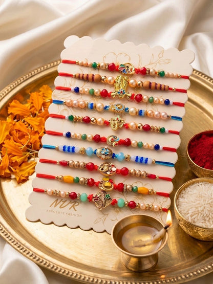 Anouk Set Of 10 Artificial Stones & Beads Thread Rakhi With Roli Chawal Chandan Mishri