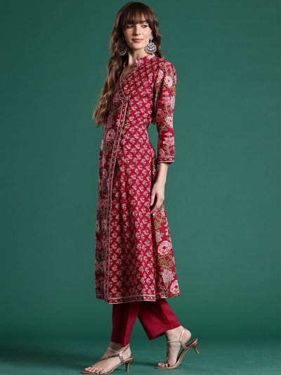Indyancart IE Women Floral Printed Angrakha Pure Cotton Kurta with Trousers & With Dupatta