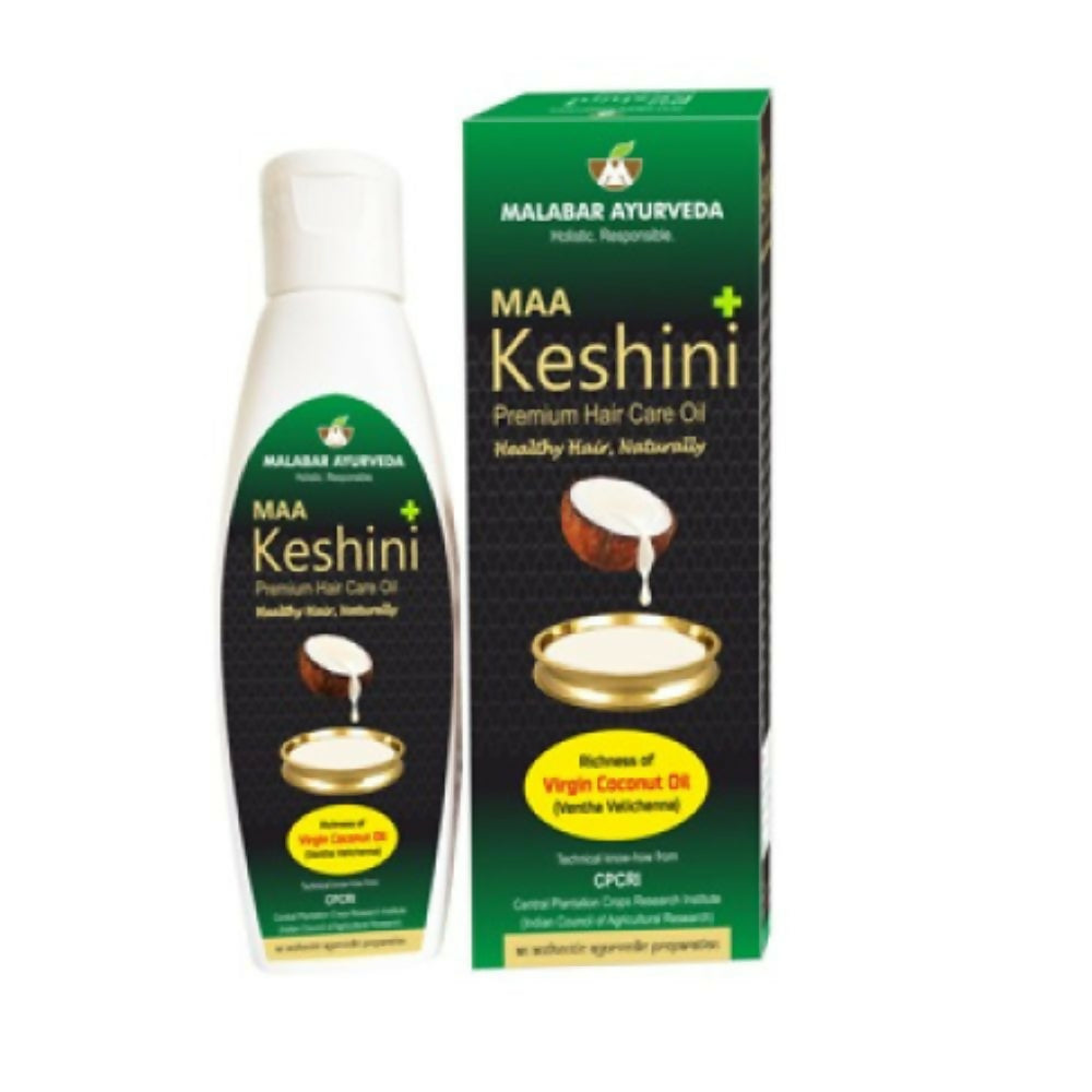 Malabar Ayurveda Maa Kesini Hair Oil bottle with herbal ingredients for nourishing and strengthening hair.