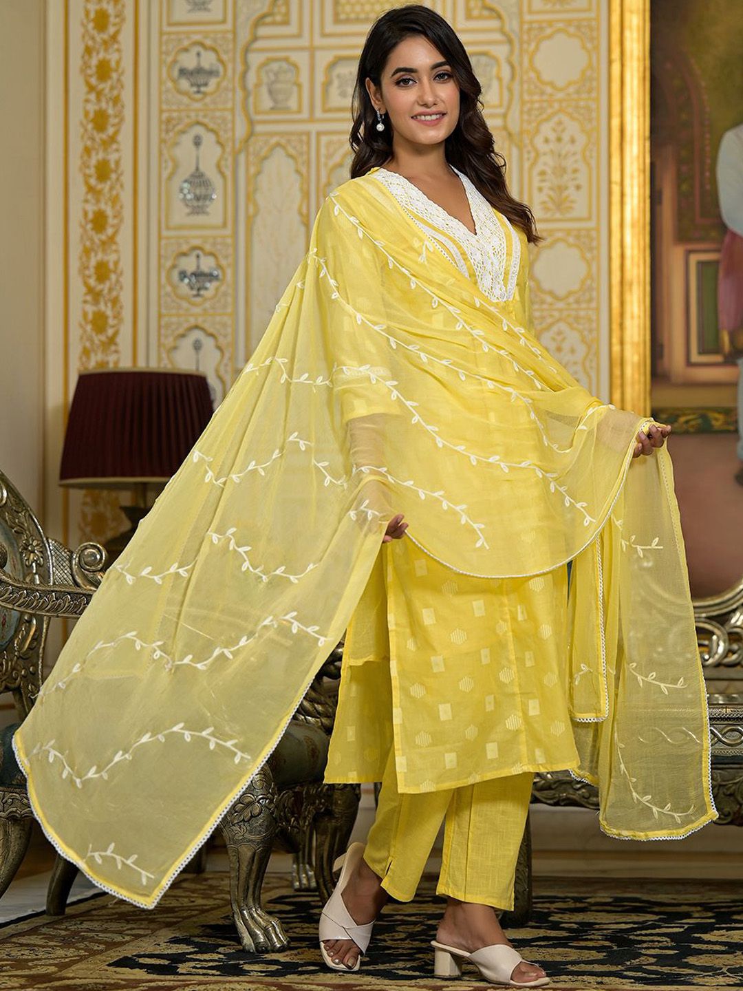 Indyancart VA Women's V Neck Gathered Flared Cotton Kurta with Trouser & Embroidered Dupatta